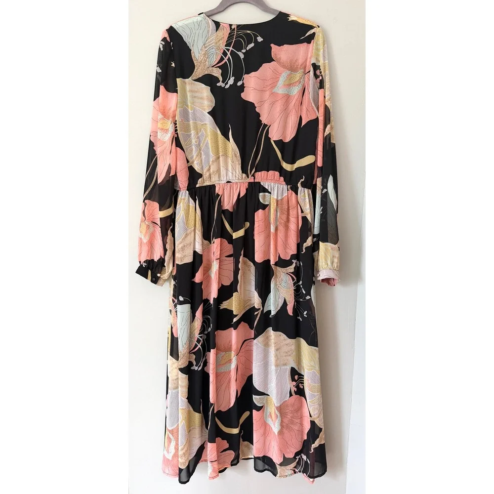 Lulus Wondrous Water Lilies Black Floral Long Sleeve Midi/Maxi Dress XL NWT - Picture 9 of 11